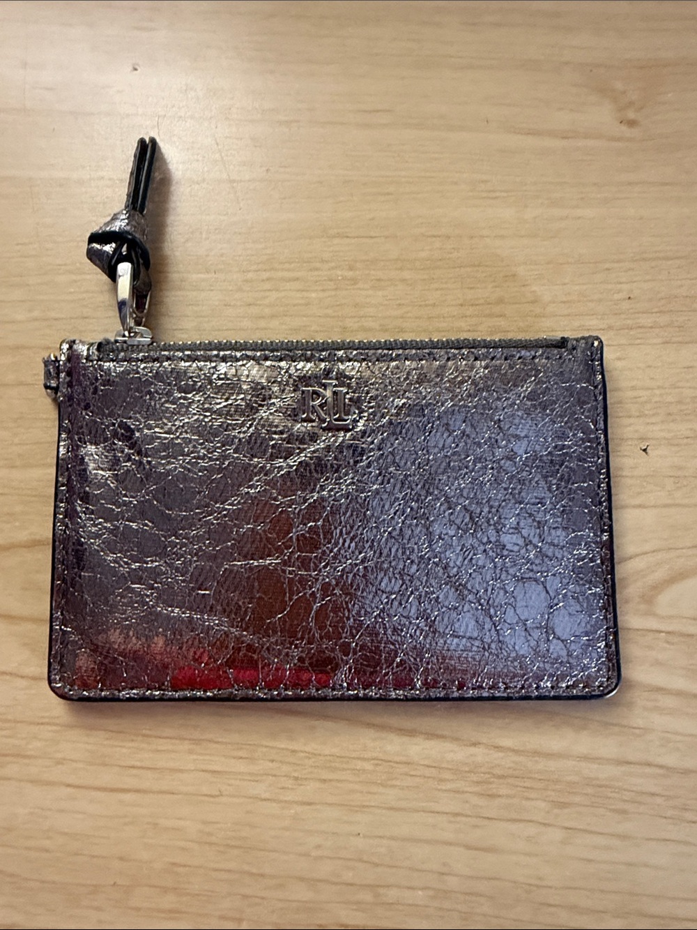Ralph Lauren Metallic Cracked Leather Card Pouch - Silver Purple
